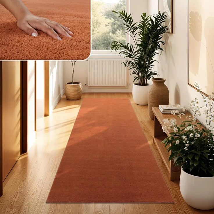 Paco Home Waschbarer Teppich Wohnzimmer Schlafzimmer Kurzflor rutschfest Flauschig Weich Moderne Einfarbige Muster, Grösse:80x300 cm, Farbe:Kupfer