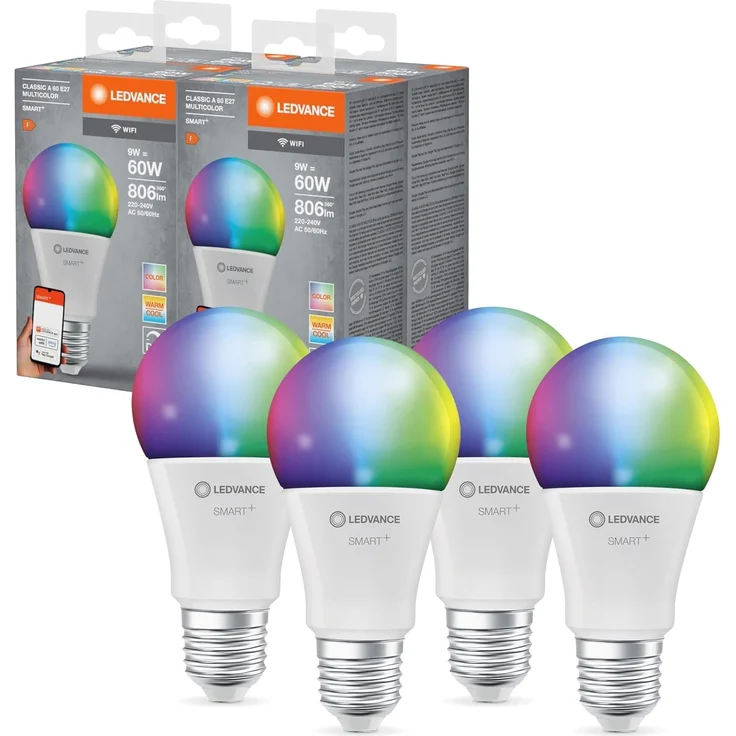 LEDVANCE Smarte LED-Lampe mit WiFi Technologie, Sockel E27, Dimmbar, Lichtfarbe änderbar (2700-6500K), RGB Farben änderbar, ersetzt Glühlampen mit 60 W, SMART+ WiFi Classic Multicolour, 4er-Pack, Weiß