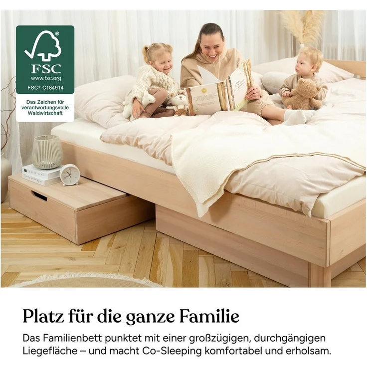 Ehrenkind Holzbett Plano, Modulares Familienbett, FSC® Zertifiziert (Familienbett, 270x200 cm, Massiv-Buche Natur, 2‑in‑1 Höhe (Bodenbett oder Standard), Modular und Höhenverstellbar – Bild 3