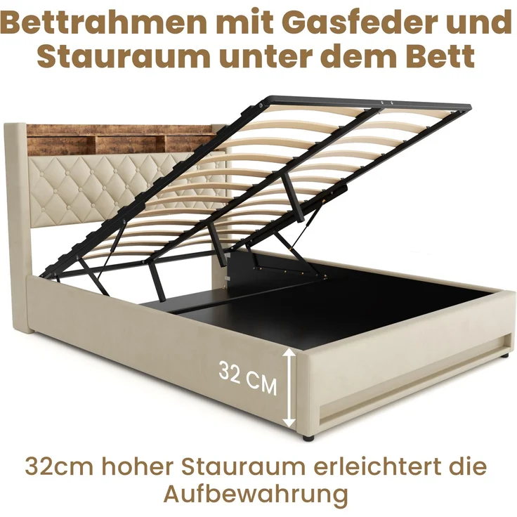 Luxuriöses Polsterbett 160x200 cm, Beige Samt, hochelastische Polsterung, Lattenrost & Matratze inkl. – Bild 8