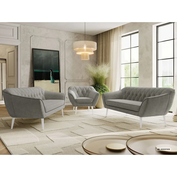 Wohnzimmerset, Möbelset PIRS 3-3-1, Armlehnen, Wellenfederung, weiße Füße, Dreisitzer Sofas mit Sessel, Polstermöbel Set - Grau Stukture
