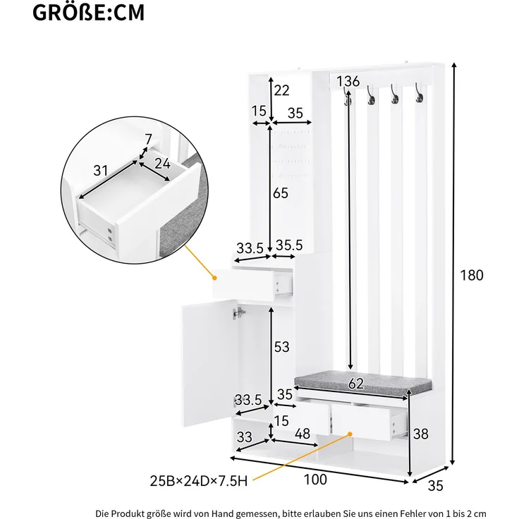 Merax 180cm Flurgarderobe, mit gepolsterter Aufbewahrungsbank, multifunktionaler Flur-Schuhschrank mit Stecktafel, moderne Garderobe mit 4 Haken, Weiß – Bild 4