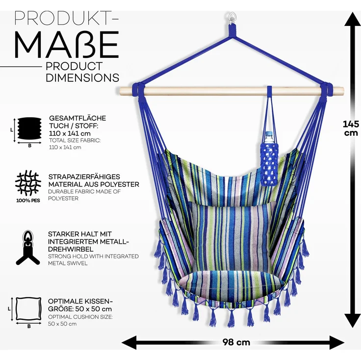 tillvex Hängesessel Bunt 2 Kissen zum Aufhängen | Hängestuhl mit Getränkehalter & Bücherfach | Hängesitz wetterfest - Indoor & Outdoor | Hängekorb mit Tragetasche für Erwachsene & Kinder – Bild 5
