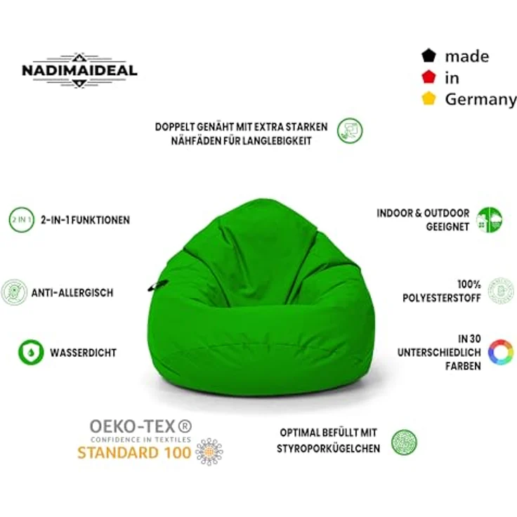 Nadimaideal Sitzsack Tropfenform Kastanie | Bodenkissen für Kinder & Erwachsene | Indoor & Outdoor | Gaming Sitzsack - Sitzkissen - Beanbag | Füllung EPS Perlen (Grün, XXL-Durchmesser 88 cm) – Bild 4