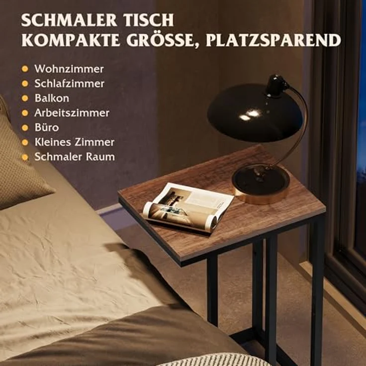 WLIVE Beistelltisch C Form, Nachttisch für Schlafzimmer, Wohnzimmer, Beistelltische mit Metallrahmen, Wohnzimmer Tisch für Couch, Sofatisch Braun – Bild 5
