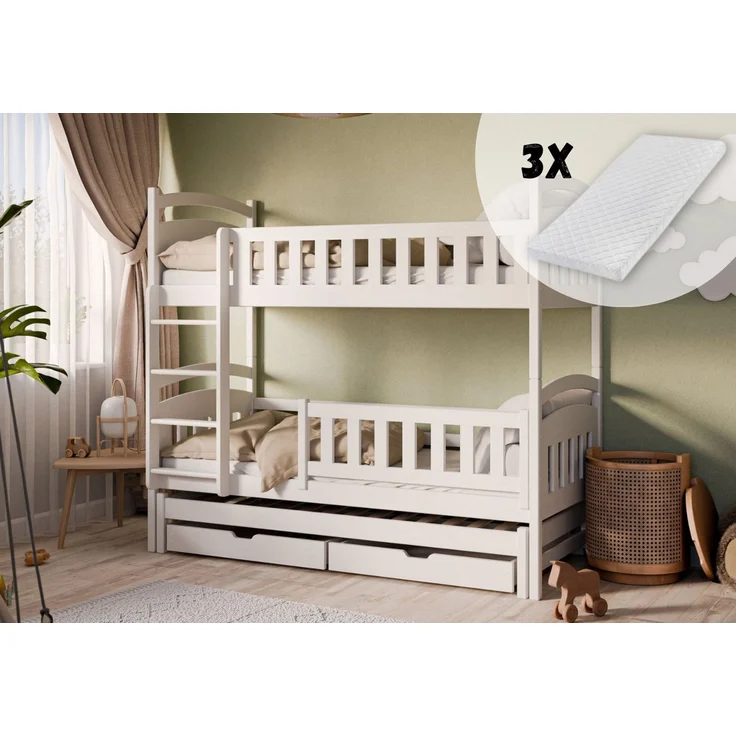 Kids Collective Etagenbett Hochbett Kinderbett 90x200 cm mit Lattenrost und Rausfallschutz, mit Ausziehbett, zwei Schubladen und drei Matratzen, weiß – Bild 5