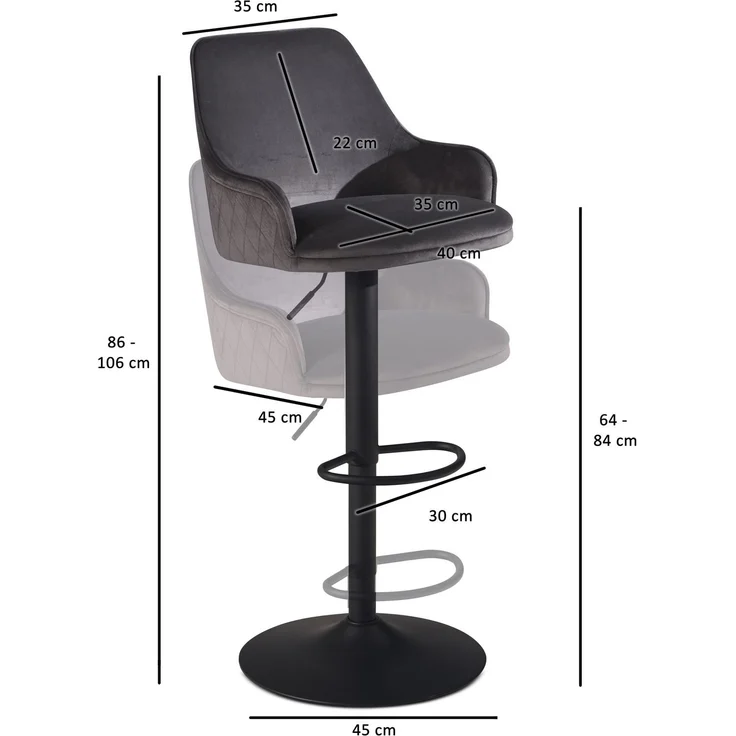 FineBuy Barhocker Samt Hocker mit Lehne 86 - 106 cm, Küchenhocker Höhenverstellbar Modern 100 kg, Barstuhl Tresenhocker mit Metall-Trompetenfuß, Bistrohocker Gepolstert mit Armlehne – Bild 3