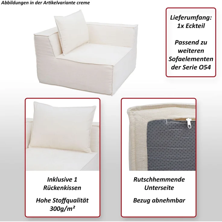 Eckteil/Zubehör für Sofa HWC-O54, Loungesessel Polstersessel Armlehne, Stoff/Textil (300g/m²) 63x97x97cm ~ creme – Bild 2