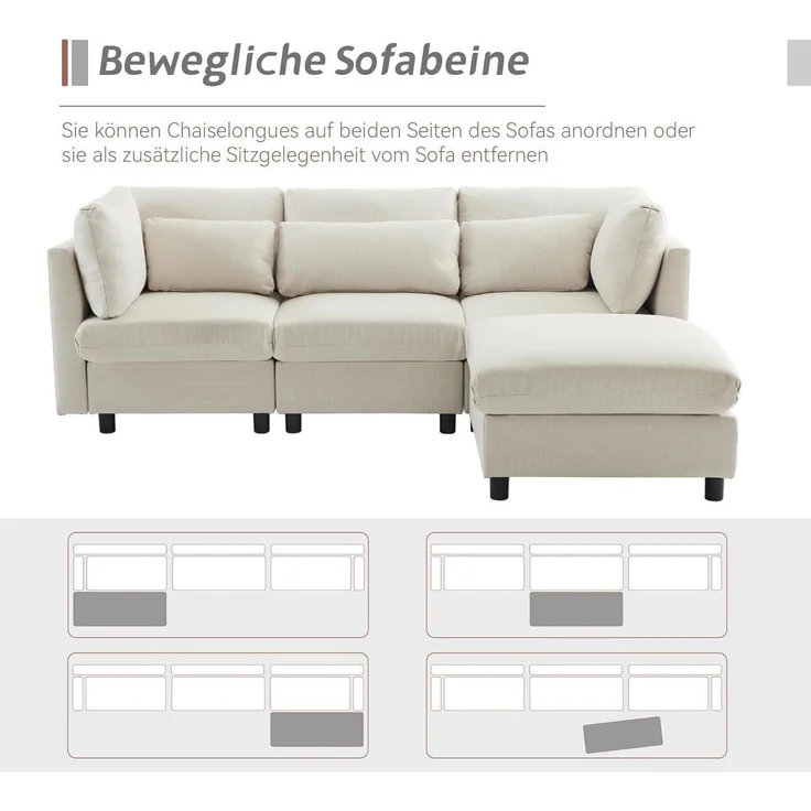 Ecksofa Fußhocker 220cm L Form 3 Sitzer Beige Ecksofa mit Fußhocker – Bild 3