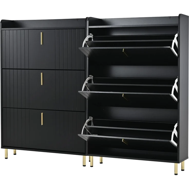 Schuhschrank Set 2-teilig 160x23x123,5 cm mattschwarz gold Metallfüße 3 Türen verstellbare Böden – Bild 8