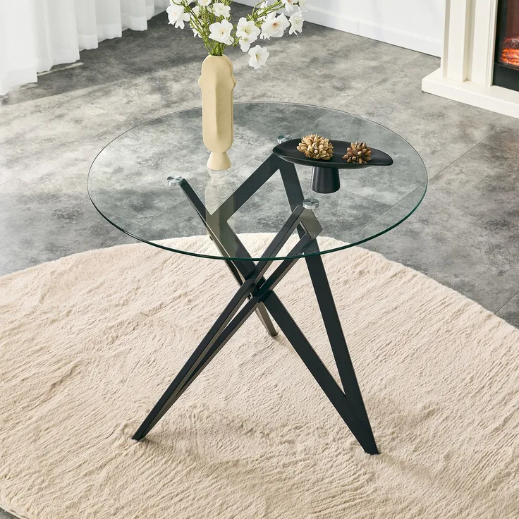Runder Glas-Couchtisch Ø ca, 85 cm, moderner Wohnzimmertisch mit geometrischem Design-Untergestell, gehärtete Glasplatte, stabiler Beistelltisch für Wohnzimmer--Schwarz--85x85x75.7cm--YOUDENOVA