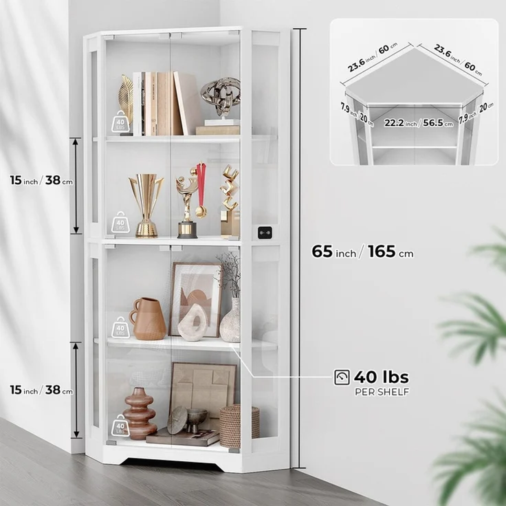 Eckvitrine 60x165x60 cm, Curio-Schrank mit 4 Regalböden, LED-Beleuchtung und Körpersensor, Weiß – Bild 4