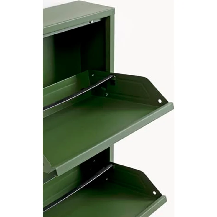 Kare Design Schuhschrank Caruso, Oliv, 104 x 50 x 15 cm, Schuhablage, Schuhkipper, Schuhregal, mit 3 Klappen, für 6 Paar Schuhe, Stahl, Schmal, Platzsparend, Hoch, Eingangsbereich – Bild 4