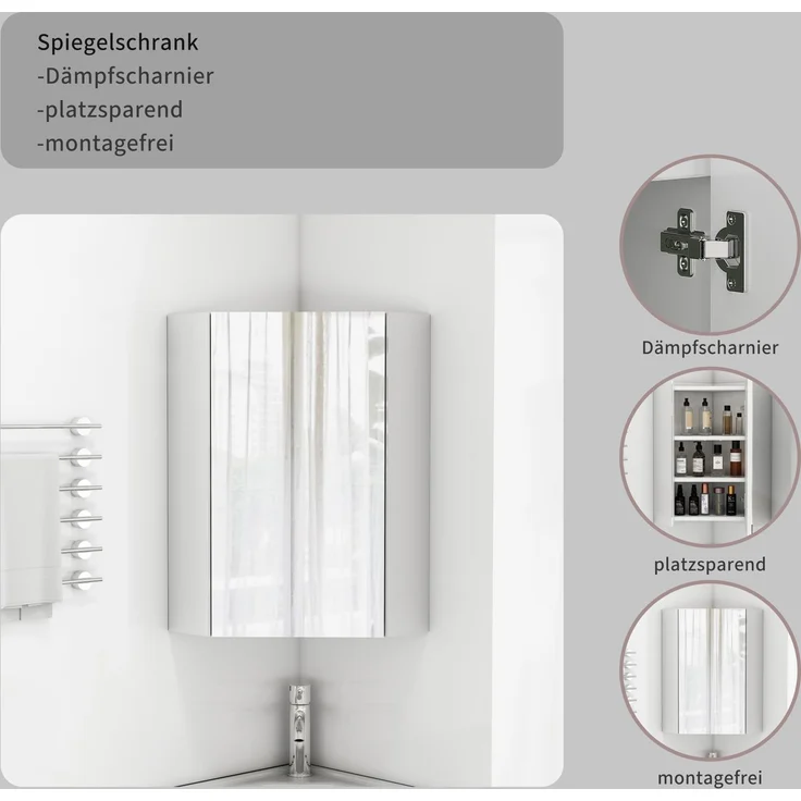 Eck-Spiegelschrank zur Wandmontage mit drei Spiegelflächen und Dämpfscharnieren, 32,5 x 32,5 x 55,6 cm, Weiß – Bild 5
