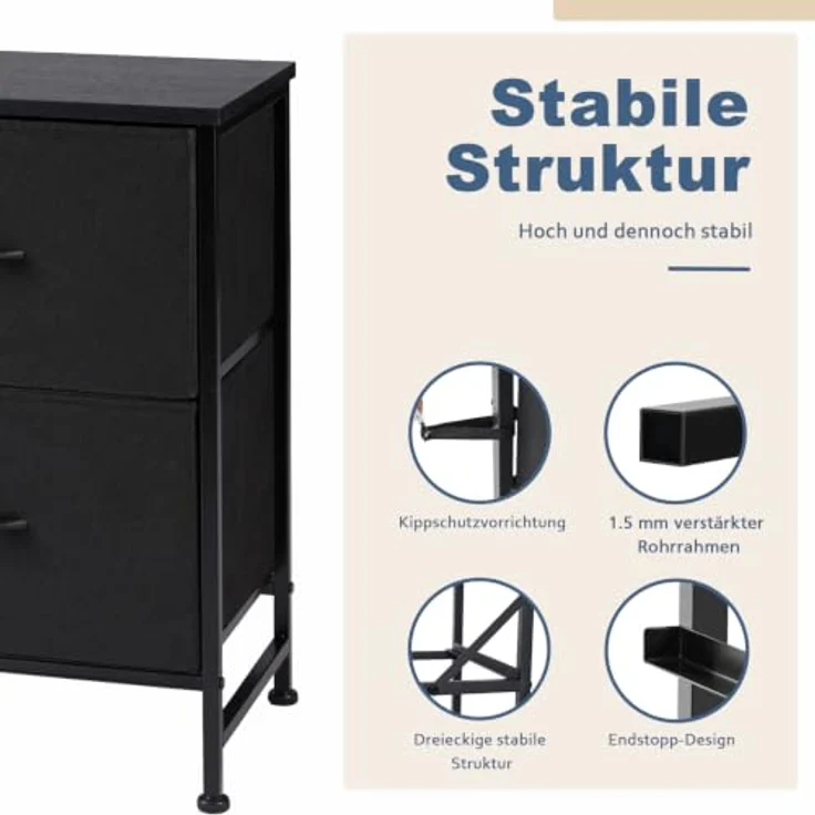 DUMOS Kommode 2er Set für Schlafzimmer mit Stoffschubladen hohe Organizer für Kleidung Schrank Kinderzimmer Aufbewahrungsturm mit Schrank Metallrahmen Holzplatte leichte (Schwarz) – Bild 6
