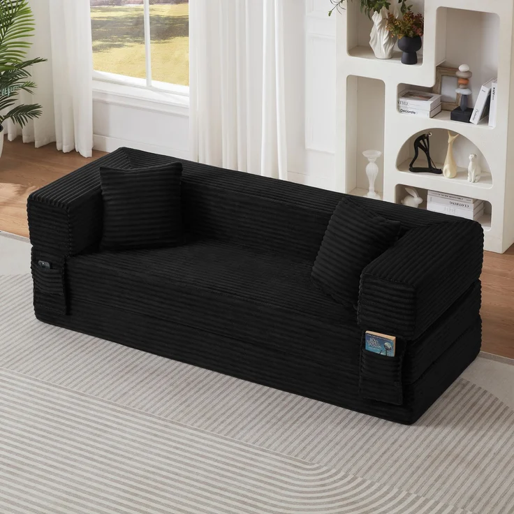 ZUBALIYA Schlafsofa, mit Schlaffunktion, H 60 × T 200 × B 76 cm, Schwarz, Schaumstoff – Bild 3