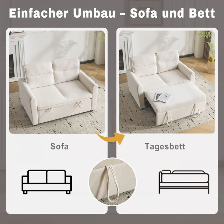 Schlafsofa aus Kettenwirk-Velours mit 5-fach verstellbarer Rückenlehne, ausziehbarem Bettfunktion & Klappsofa,Beige – Bild 6