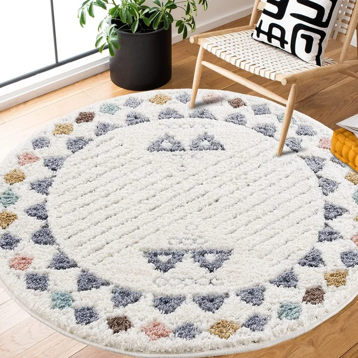 Teppich Rund Wohnzimmer - Hochflor - 120x120cm - Ethno - Skandinavisch - Pastell Cream Multi - Modern Raute Muster - Flauschig - Kinderteppich Schlafzimmer Dekoration