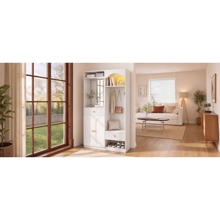 Kompaktgarderobe mit Spiegel und Sitzbank,Flurgarderobe mit Schuhschrank und Haken, Kleiderhaken,Kompaktgarderobe,Flurmöbel Set,Flurgarderobe,LED-Streifen mit einstellbarer Farbe--Weiß--100x35x180cm--YOUDENOVA – Bild 6