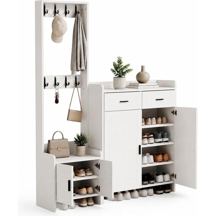 Garderobenschrank, mit 8 Haken, 2 Schubladen & 6 Böden, 125x36x165 cm, Weiß – Bild 5