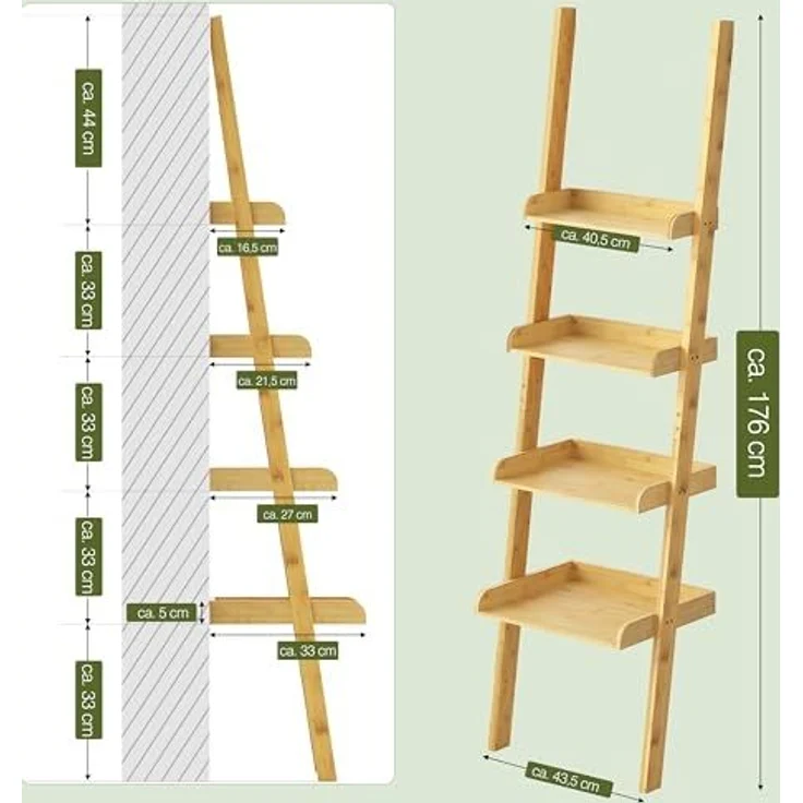 Ribelli Leiterregal mit 4 Ablagen, Bücherregal aus 100% Bambus, ca. 33T x 43,5B x 175H cm, Standregal gegen Wand für Arbeitszimmer, Wohnzimmer, Badezimmer, Küche, 510301 – Bild 2