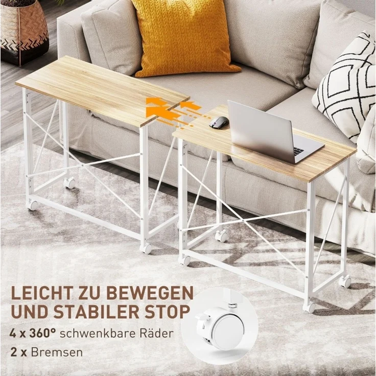 Klappbarer Schreibtisch 80x40x75 cm mit Rollen – MDF und Stahlgestell in Naturholzoptik – Bild 6