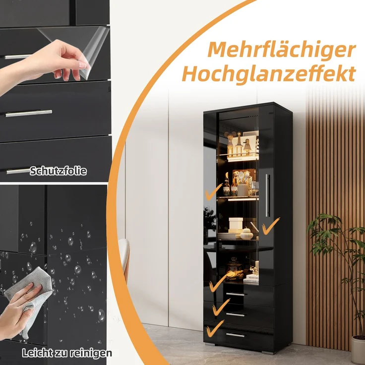 Schwarz Hochglanzvitrine, Vitrine Glasvitrine , Standvitrine mit LED-Beleuchtung, Vertikale Vitrine mit 3 Schubladen, 60*35*180cm--Schwarz--60x35x180cm--YOUDENOVA – Bild 7