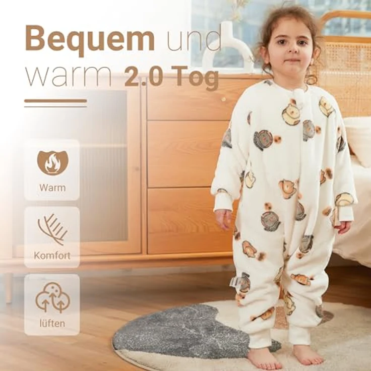 XQ&XG Baby Schlafsack mit Füßen 2.0 Tog,Babyschlafsack mit langen Ärmeln,Schlafsack Kinder mit Beinen für mädchen und Junge,Weiß Bär,100 – Bild 3