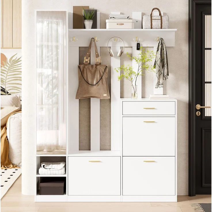 CHICFURN Schrank 133x180x23,5 cm als Garderoben-Set mit 3 Schuhkippern und Spiegel Weiß – Bild 9