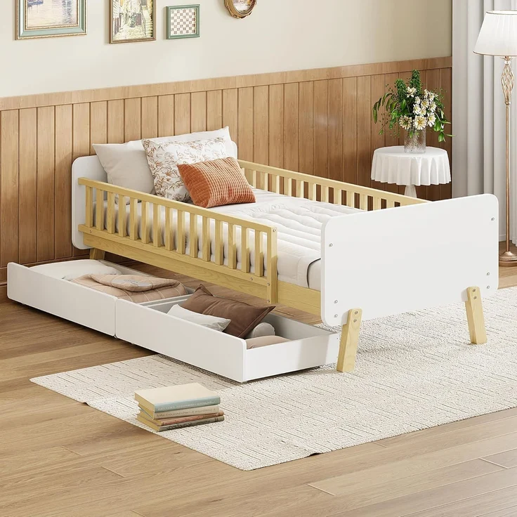 Ball & Cast Kinderbett (90x190cm) mit 2 Schubladen und Rausfallschutz, Juniorbett aus Massivholz mit Lattenrost, Einfach & Zeitsparend Montierbar, Weiß – Bild 1