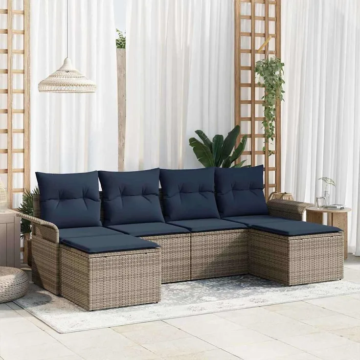 vidaXL Gartensofa-set mit Kissen mit Speicher 6 pcs Grau Poly Rattan 3354144