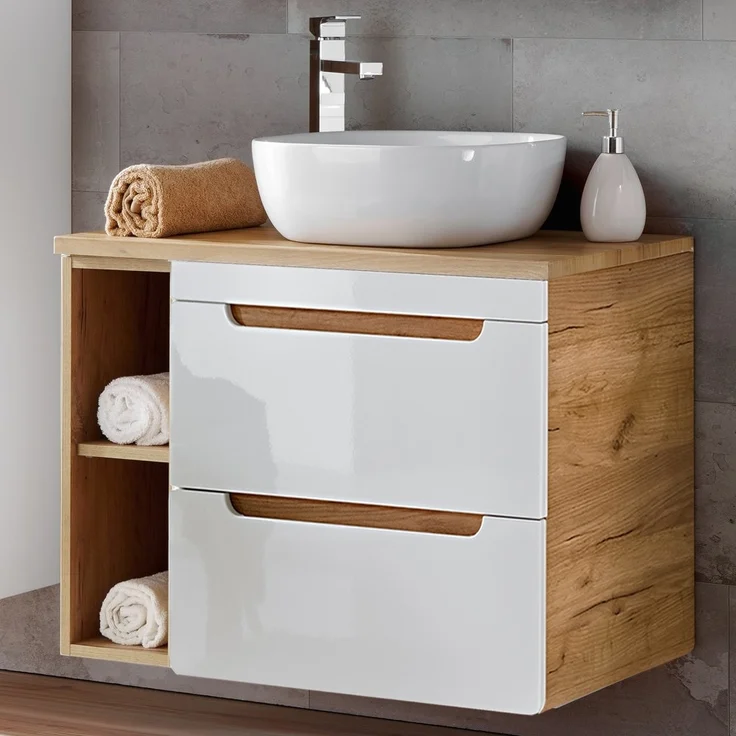 Waschtisch-Unterschrank 81 cm LUTON-56, Hochglanz weiß mit Wotan Eiche Nb, B/H/T ca. 81/61,5/46 cm – Bild 9