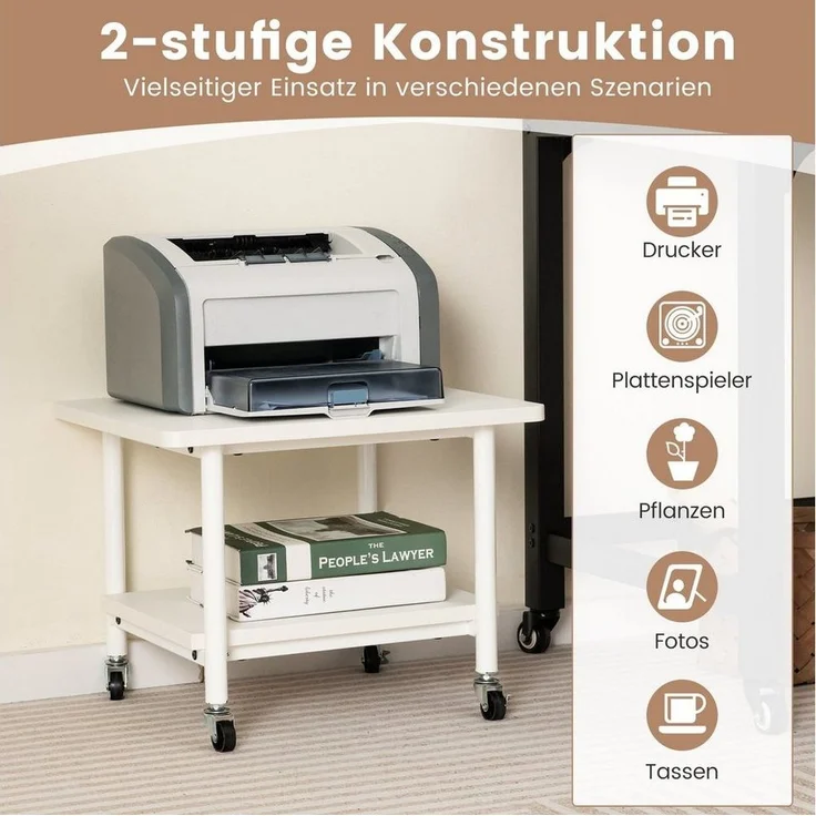 COSTWAY Druckertisch, mit 2 Ebenen & 4 Rollen, bis 35 kg, 49x40x38cm – Bild 2