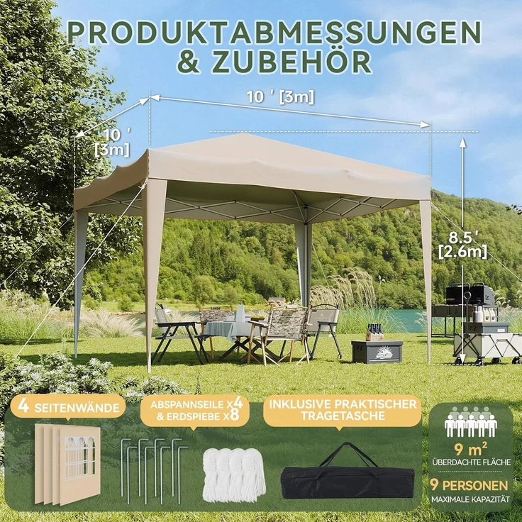 Aoxun Pop Up Pavillon 3x3 Wasserdicht mit 4 Seitenwänden, Metallrahmen-Schutzzelt, Höhe Verstellbar, 3mx3m Faltpavillon mit Tragetasche für Camping Party, Beige – Bild 2