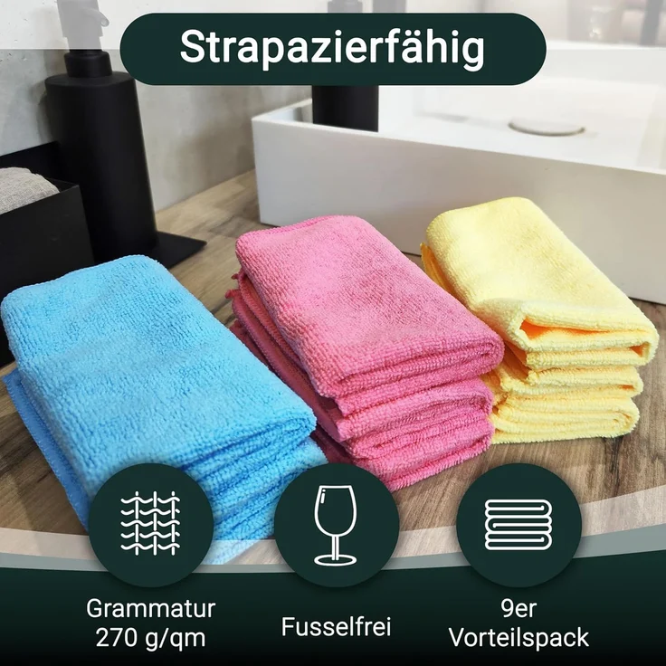 ZOLLNER 9er Set Mikrofasertücher für streifenfreien Glanz, saugstark, farblich gemischt – Bild 3