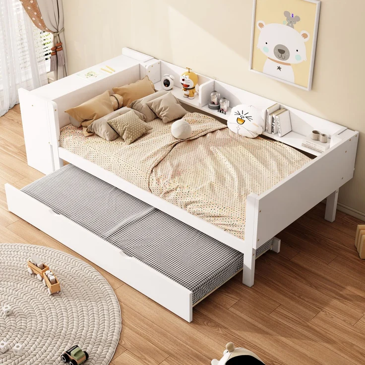 Multifunktionales Kinderbett 90x200 cm mit ausziehbarem Rollbett, Schreibtisch und Regalen, robustes Holz – Bild 1