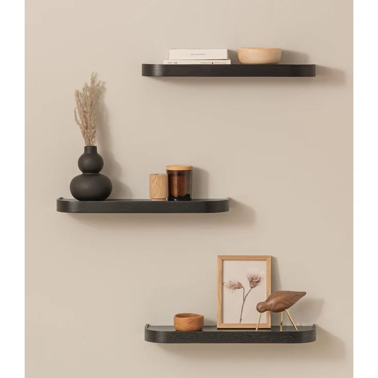 Kazai.® Wandregal-Set 'Toke' | 3 Hängeregale in Echtholz-Veneer | Schwebendes Holzregal als Wanddeko und Ablage für Bad, Wohnzimmer, Küche, Schlafzimmer und mehr | Eiche, schwarz – Bild 1