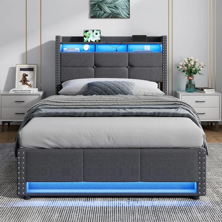 Einzelbett 90x200 cm mit LED-Beleuchtung, Ladefunktion und hydraulischem Stauraum – ohne Matratze – Bild 2