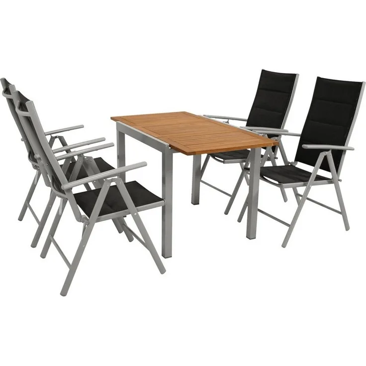 DEGAMO Garten-Essgruppe VAIL, (5-tlg, 4 Klappsessel, 1 Ausziehtisch), Aluminium silbergrau, Tischplatte Akazie, Sessel klappbar