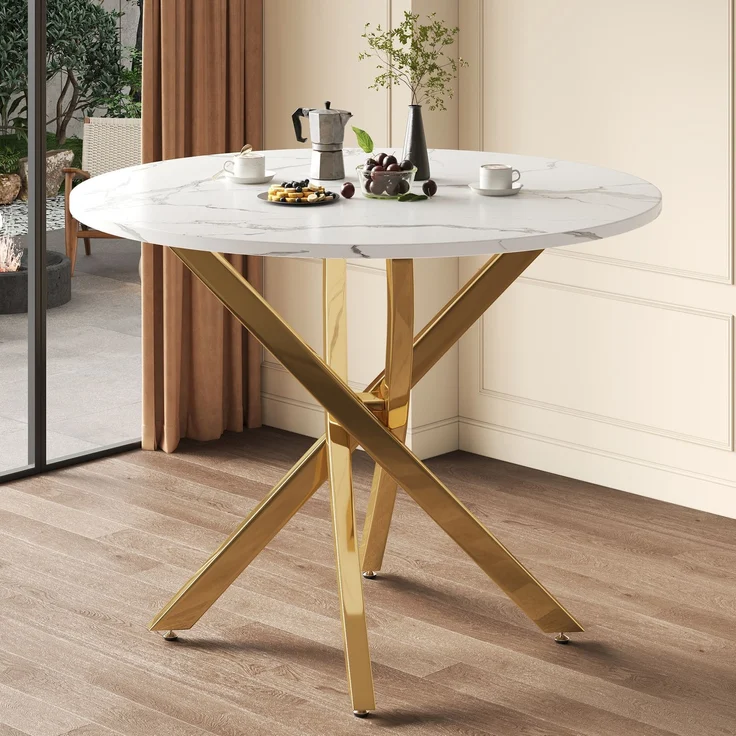Runder Esstisch Ø 80 cm mit Marmoroptik und goldfarbenem Metallgestell – Bild 3