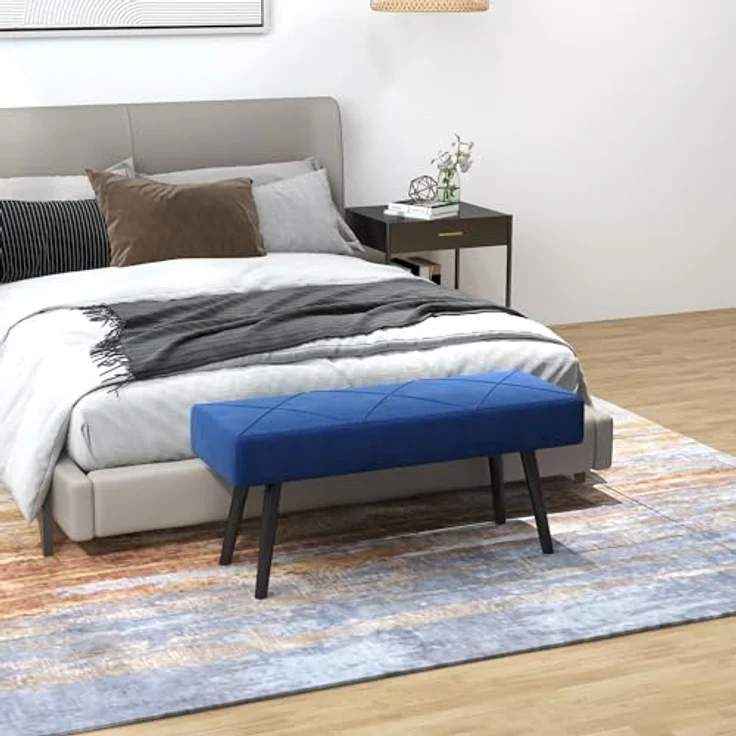 HOMCOM Polsterbank mit X-Muster, in Samtoptik, bis 120 kg Belastbar (Bettbank, 1-St, Sitzbank), für Schlafzimmer, 100 x 36 x 45 cm, Blau – Bild 3