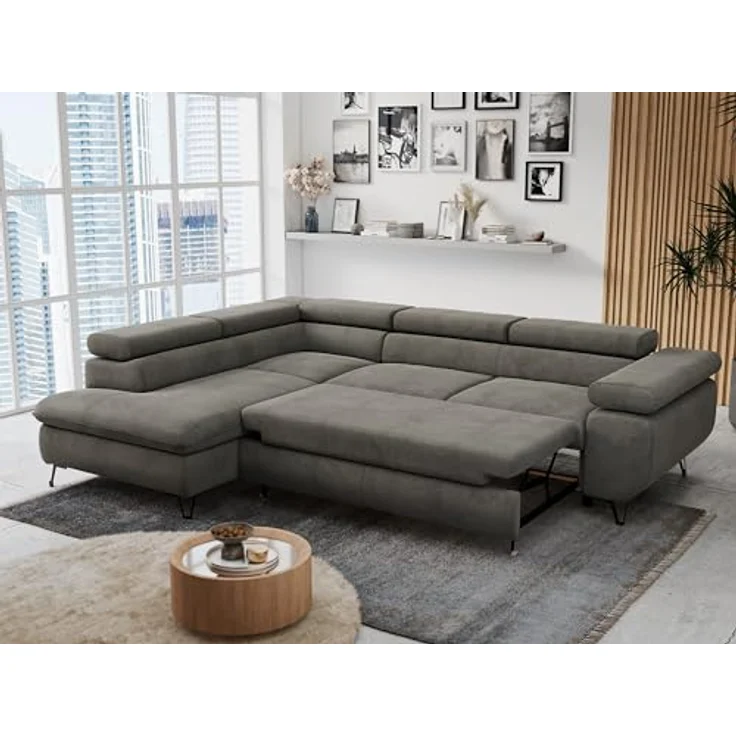 Mks Möbel 'Peter L-form' Ecksofa mit Bettfunktion, Bettkasten & einstellbaren Kopfstützen, Dunkelgrau, Velours, links – Bild 6