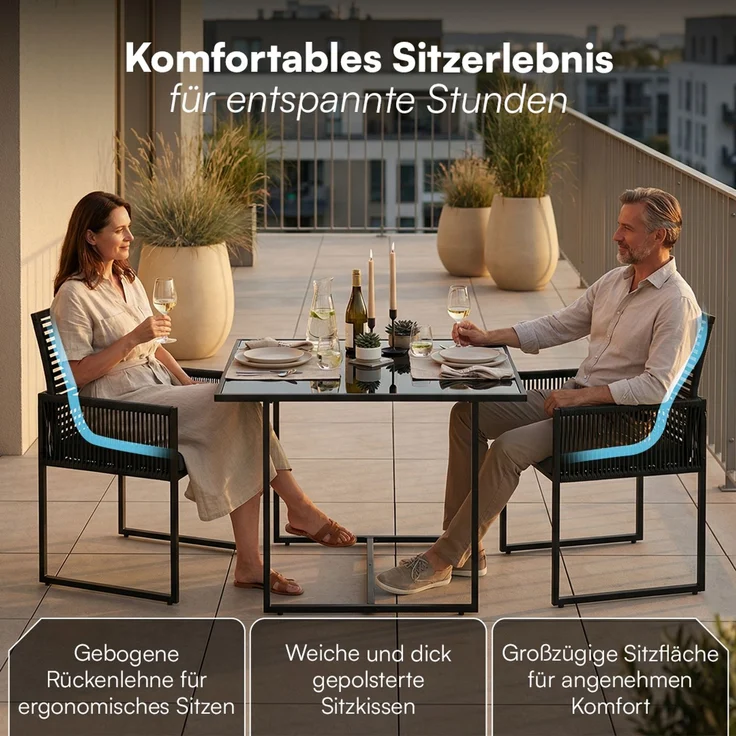STEELSØN 'Kynaris' 3-tlg. Gartenmöbel-Set, Sitzgruppe aus 2 Polyrattan-Stühlen und Gartentisch, Metall, zusammenklappbar, schwarz/anthrazit, wetterfest – Bild 7