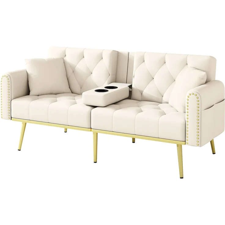 Schlafsofa mit 3-fach verstellbarer Rückenlehne und Getränkehalter, Velours, 175x80x73,5 cm, Beige – Bild 8