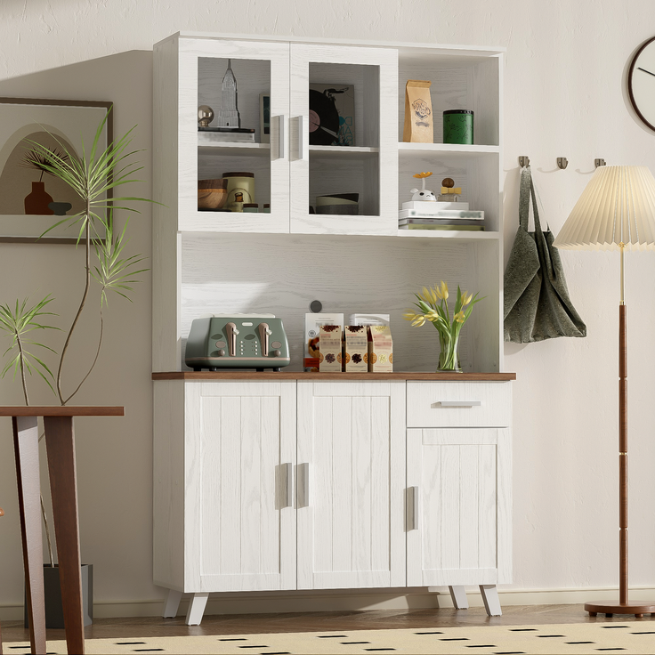 Sideboard, Weißer Holzmaserung-Hochschrank 114 x 40 x 190 cm, geeignet für Wohnzimmer und Esszimmer--Braun, Weiß, Holz--114x40x190cm--YOUDENOVA – Bild 8