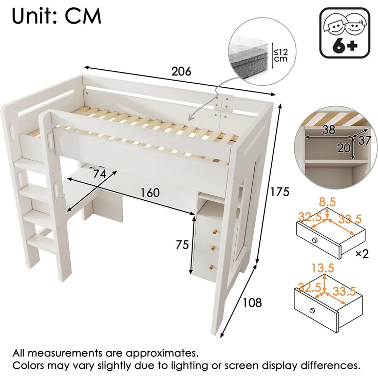 Hochbett Einzelbett mit Holzlattenrost, USB/Type-C Ladebereich, L-förmigem Schreibtisch, Regalen und Schubladen,ohne Matratze – Bild 10