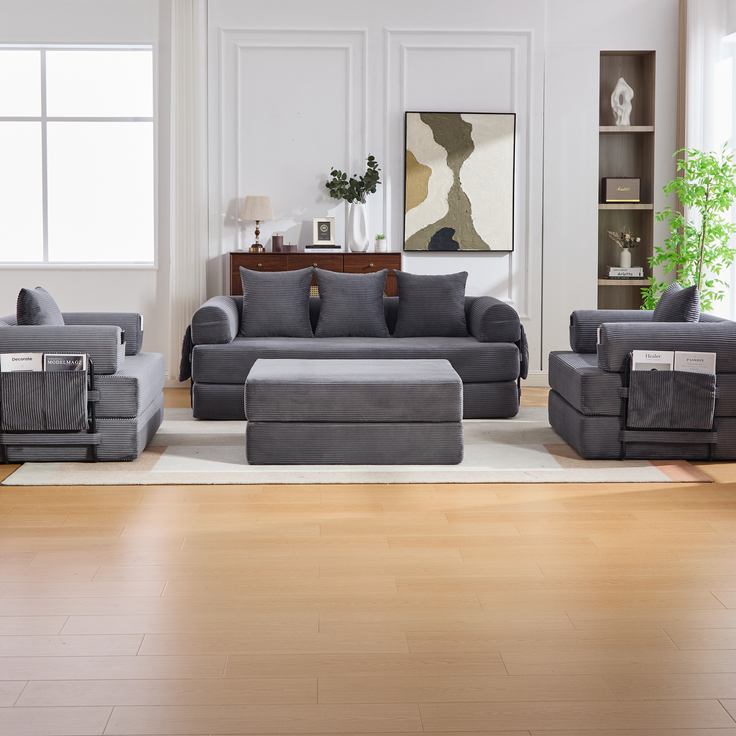 Modulares 4-Sitzer-Sofa 200x190x67 cm mit Sessel und Hocker – Cordbezug, Dunkelgrau – Bild 4