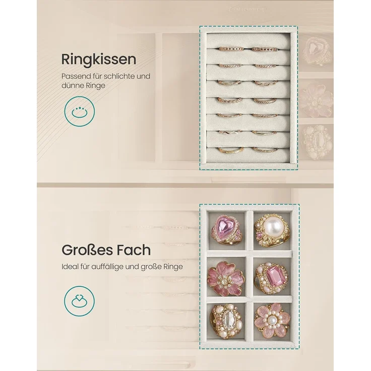 SONGMICS Schmuckkästchen aus Holz mit Glasdeckel, Schmuck Organizer mit 5 Ebenen, 24 x 17,2 x 18,4 cm, Cremeweiß – Bild 7