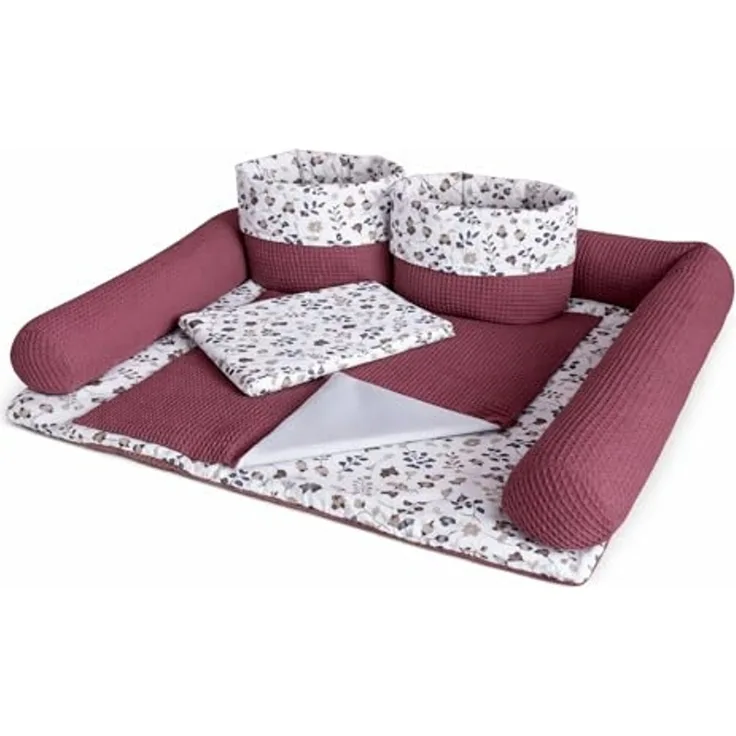 Wickelauflage Set 6-teilig – Wickelunterlage aus Baumwolle & Waffelstoff – Baby Wickelauflage – Geschenk zur Babyparty – Wickeltischauflage – 85x75 cm (Breite x Tiefe), Zweige und Beerenfarbe