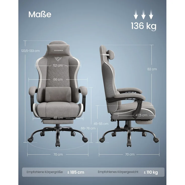 SONGMICS Gaming-Stuhl, Bürostuhl, Schreibtischstuhl, ergonomischer Gaming-Sessel, Sitzkissen mit Federn, Fußstütze, Armlehnen mit Synchronmechanik, taubengrau – Bild 5